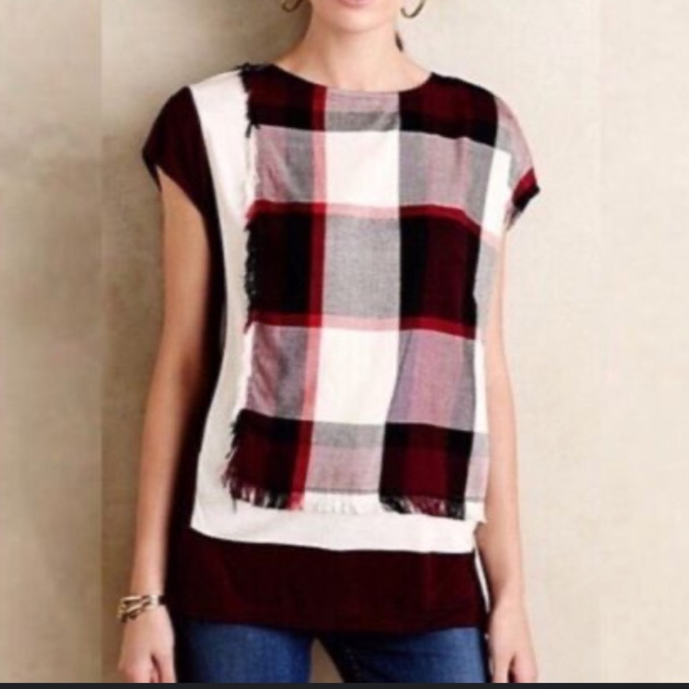 Anthropologie Postmark Plaid Frayed Fringe Colorblock Cap Sleeve Black Red Med